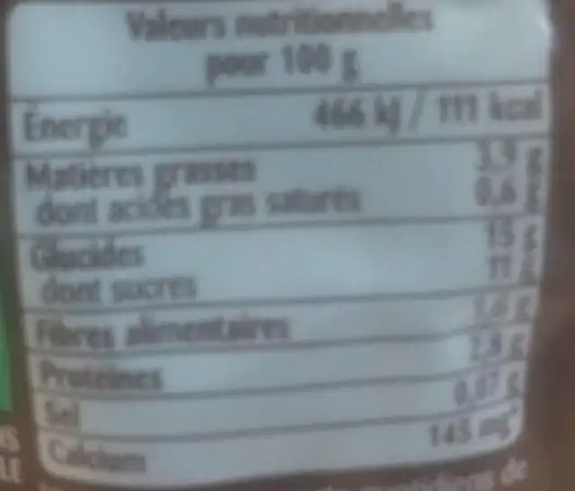 Onctueux végétal nutrition facts table