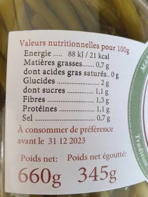Haricots verts nutrition facts table