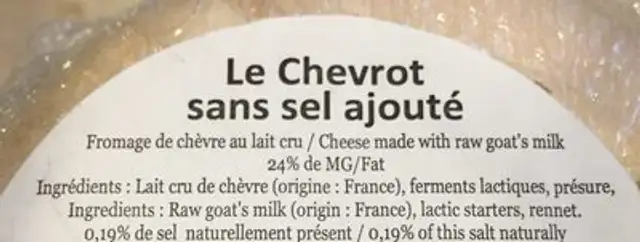 Le Chevrot ingredients label
