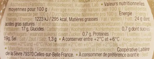 Le Chevrot au lait cru cendré nutrition facts table