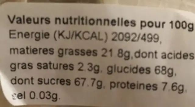 Nougat de Montelimar nutrition facts table