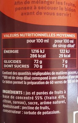Fruiss sirop de fraise nutrition facts table