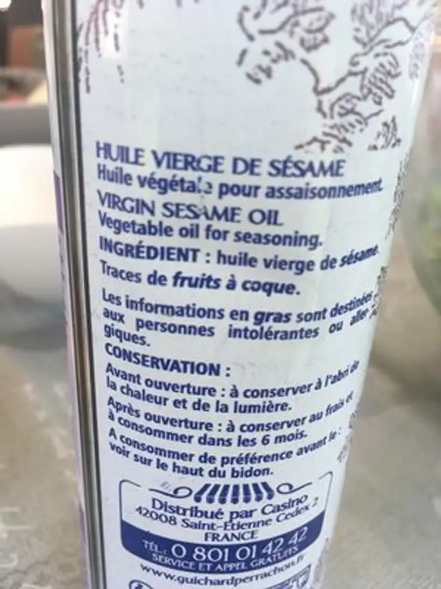 Huile vierge de sésame ingredients label