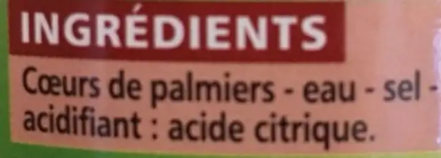 Cœurs de Palmiers ingredients label