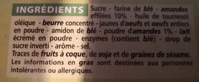 Tuiles aux amandes ingredients label
