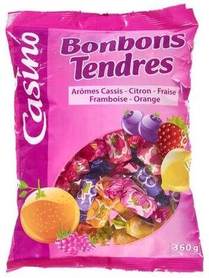 Bonbons tendres goûts citron, orange, fraise, framboise, cassis front packaging