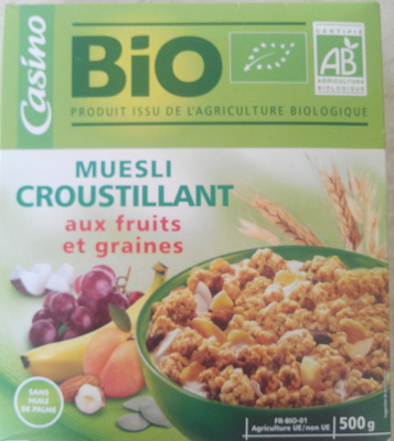 Muesli croustillant bio fruits et de graines casino bio front packaging