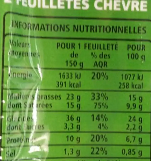 2 Feuilletés chèvre épinards - Pâte pure beurre nutrition facts table