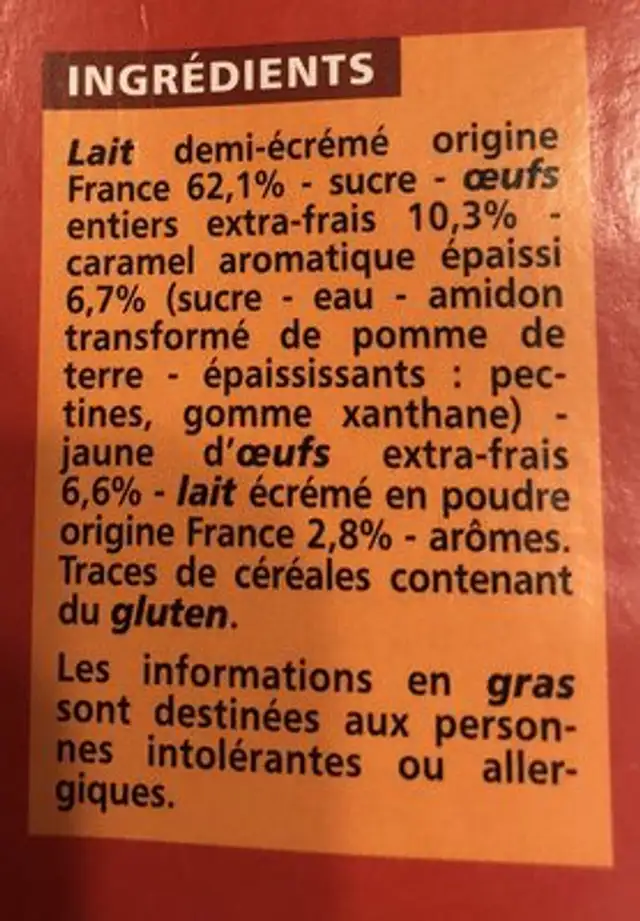 Crème caramel Cuite au four ingredients label