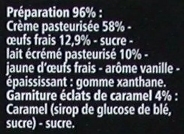 Crème brûlée ingredients label