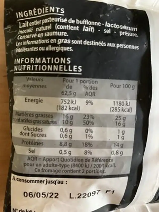 Mozzarella Di Bufala Campana AOP ingredients label