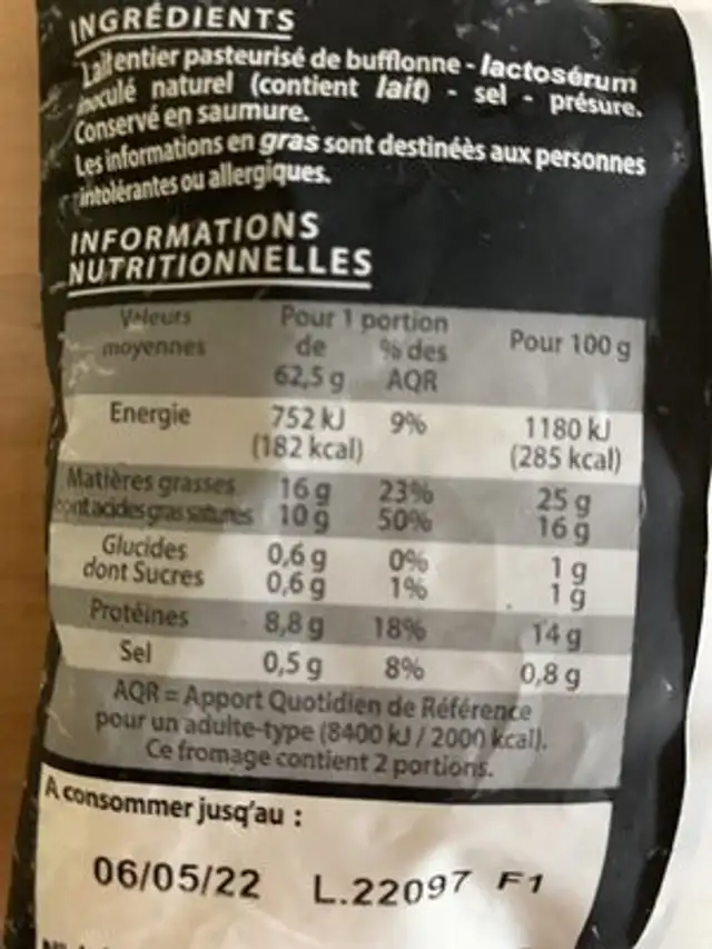 Mozzarella Di Bufala Campana AOP nutrition facts table