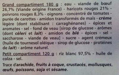 Chili con carne et riz ingredients label