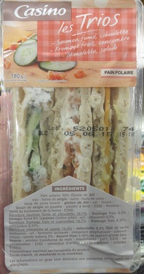 Les Trios: saumon fumé, ciboulette - fromage frais, concombre - mimolette, salade / pain polaire