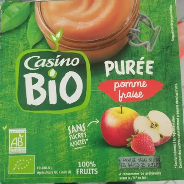 Purée de pommes et de fraises sans sucres ajoutés front packaging