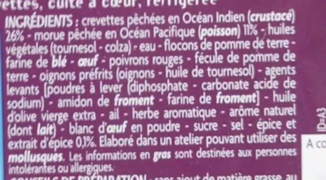 Accras de crevettes ingredients label