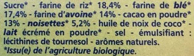 Céréales fourrées chocolat noisettes 325g BIO ingredients label