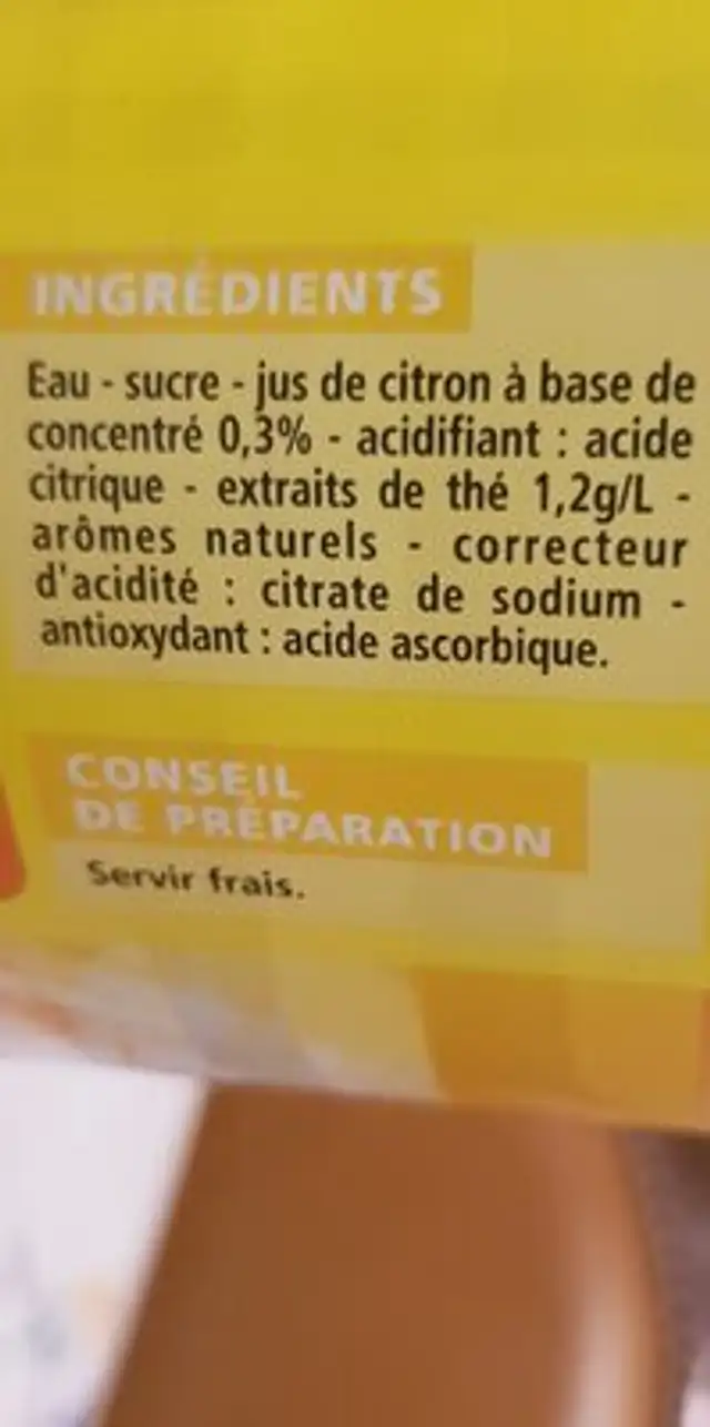 Thé glacé ingredients label