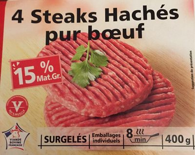 4 Steaks hachés pur boeuf 15% MG front packaging