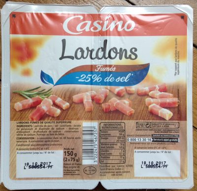 Lardons fumés qualité supérieure 25% de sel en moins front packaging