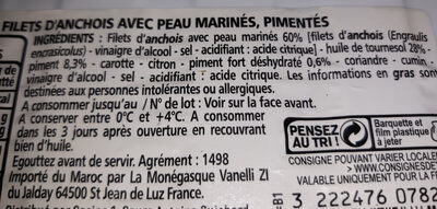 Filets d'anchois marinés à l'orientale ingredients label