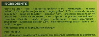 Pizza légumes BIO ingredients label