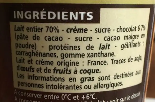 Dessert Chocolat au Lait Entier ingredients label