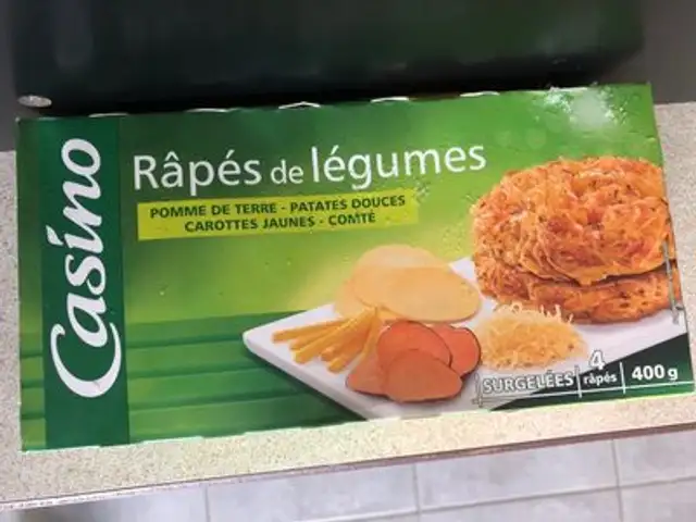 Râpés de légumes Pomme de terre - Patates douces - Carottes jaunes - Comté front packaging
