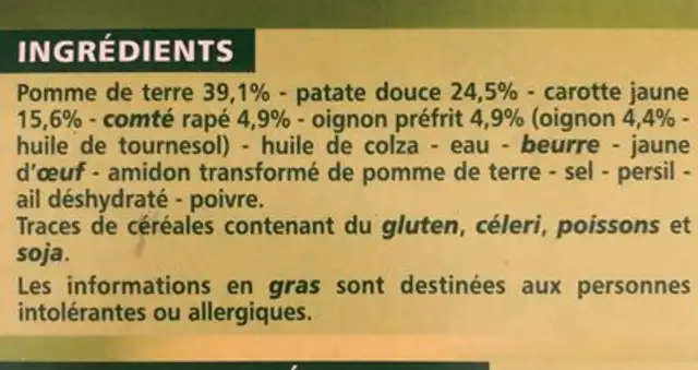 Râpés de légumes Pomme de terre - Patates douces - Carottes jaunes - Comté ingredients label