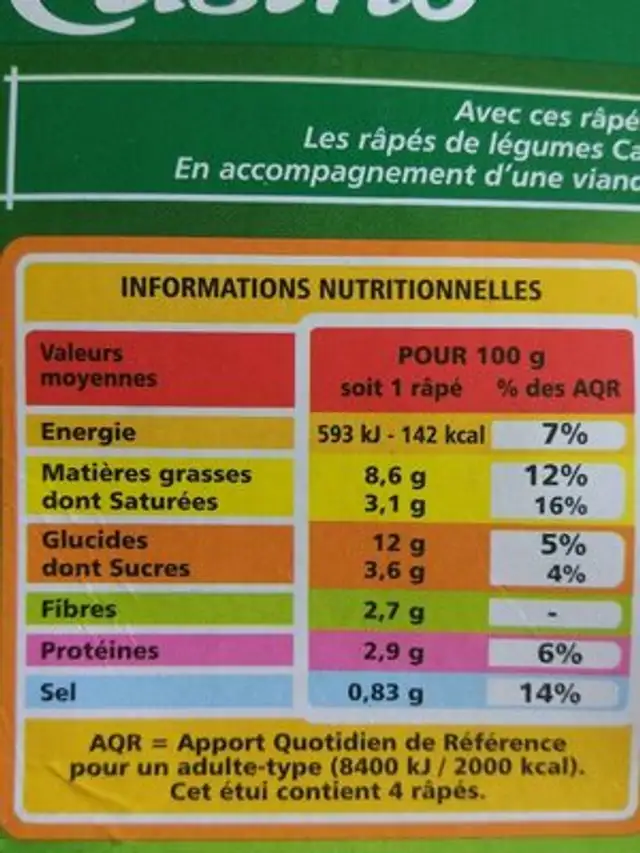 Râpés de légumes Pomme de terre - Patates douces - Carottes jaunes - Comté nutrition facts table