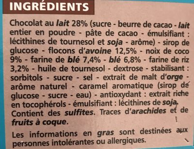 Barre céréalière enrobage total Coco x6 ingredients label