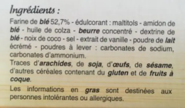 Sablés Sans Sucres ingredients label