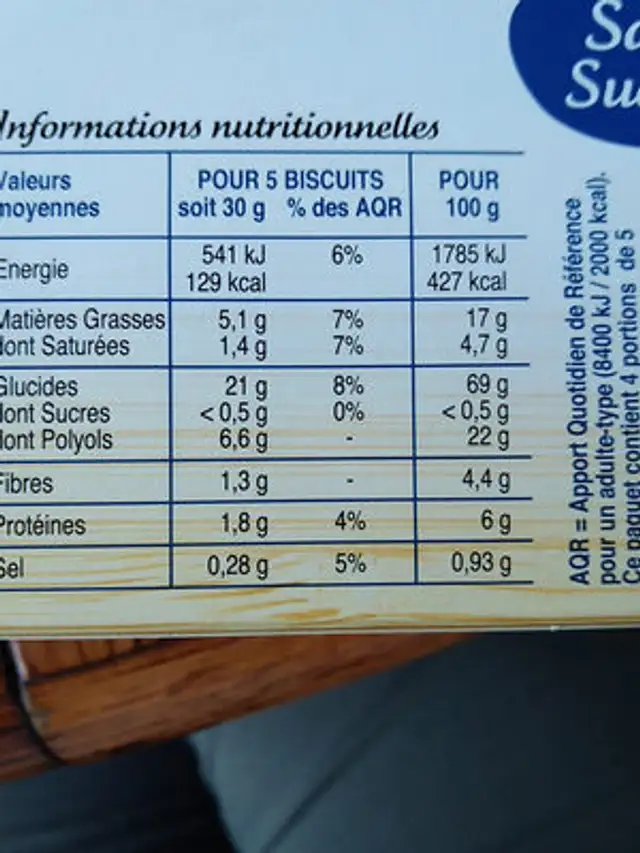 Sablés Sans Sucres nutrition facts table