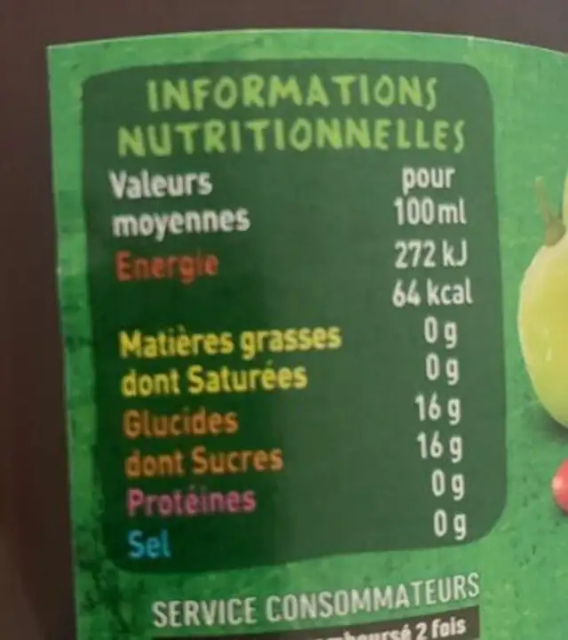 Pur jus raisin pomme grenade bio nutrition facts table