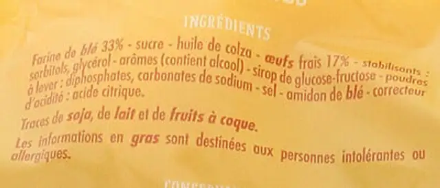 Madeleines Coquilles aux oeufs frais ingredients label