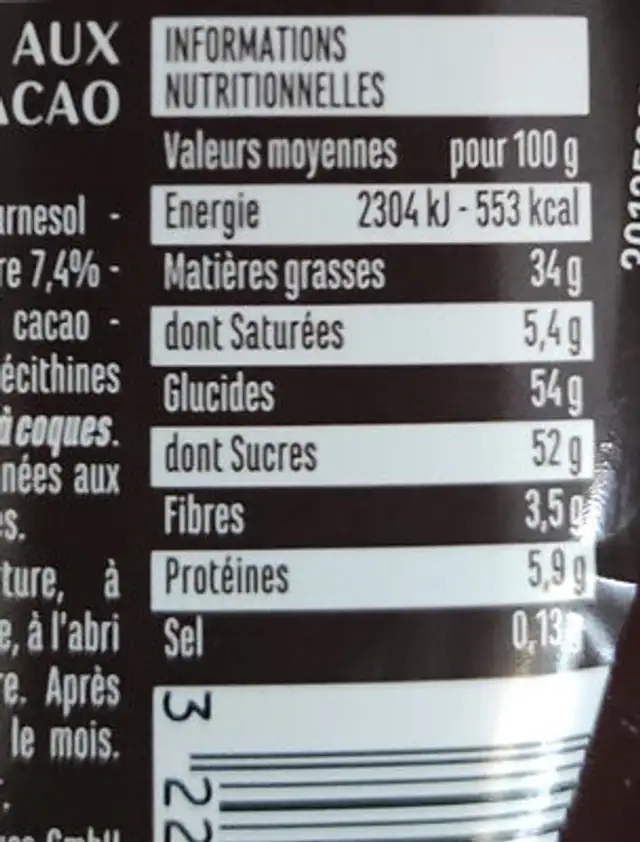 Je suis Noisette la première pâte à tartiner sans huile de palme nutrition facts table