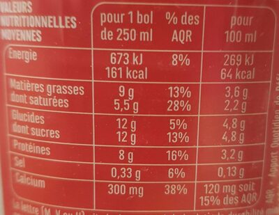 Lait entier stérilisé UHT nutrition facts table