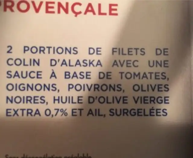 Colin d'Alaska à la provençale ingredients label