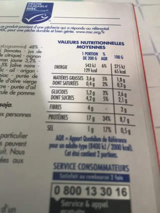Colin d'Alaska à la provençale nutrition facts table