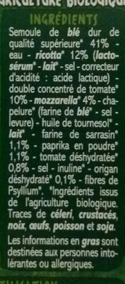 Mini Girasoli farce à la ricotta, tomate et mozzarella BIO - Spécialités céréalières à base de semoule de blé dur, de sarrasin et de paprika avec farce à la ricotta, au double concentré de tomate et à la mozzarella ingredients label