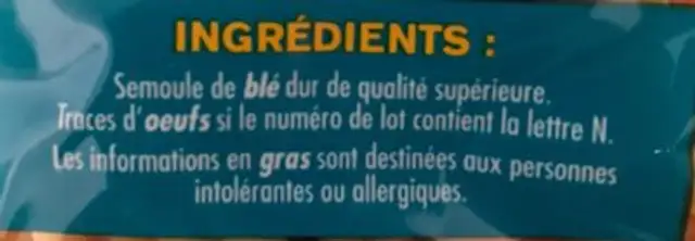 Macaroni ingredients label