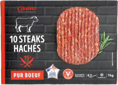 10 Steaks hachés pur boeuf surgelés  15% mat Gr front packaging