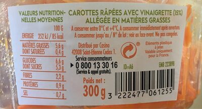 Carottes râpées nutrition facts table