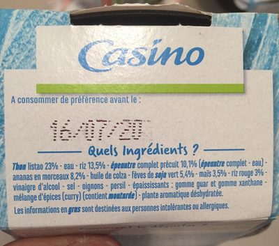 Salade de thon, riz, épeautre ingredients label