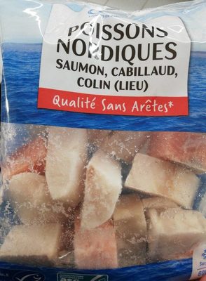 Poissons Nordiques Saumon, Cabillaud, Colin front packaging