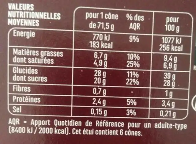 Glace Vanille cookie dough nutrition facts table