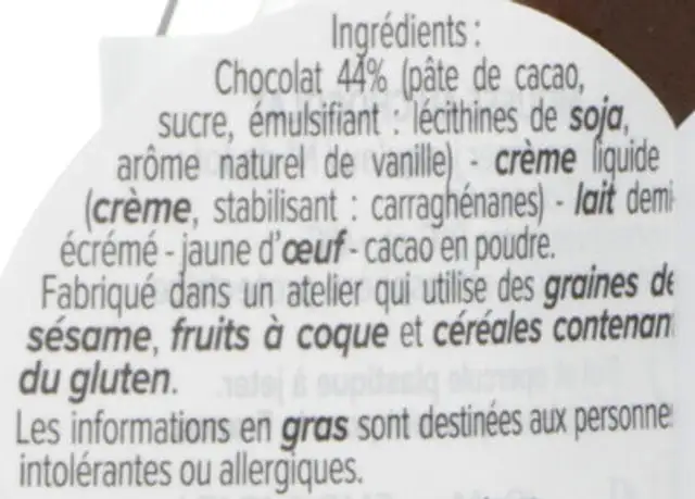 Mousse au chocolat ingredients label
