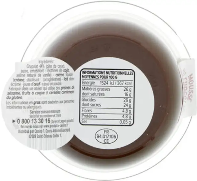 Mousse au chocolat nutrition facts table