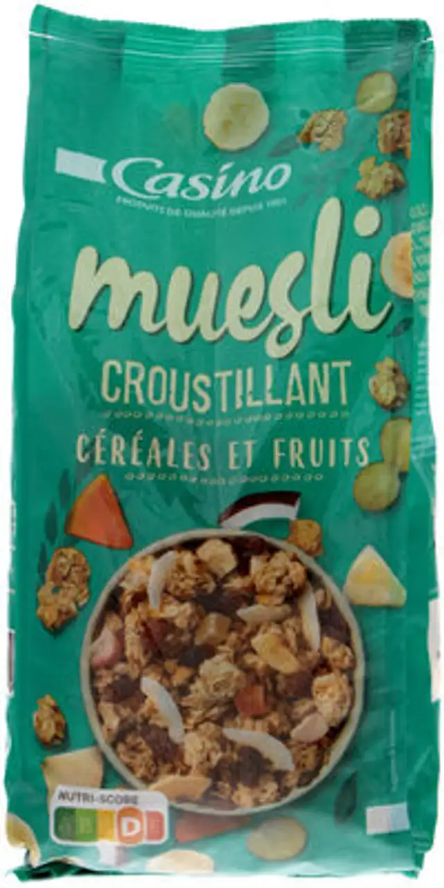 Muesli croustillant cereales et fruits front packaging