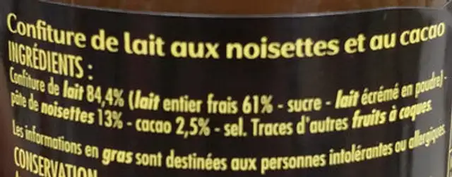 Confiture de Lait (aux noisettes et au cacao) ingredients label